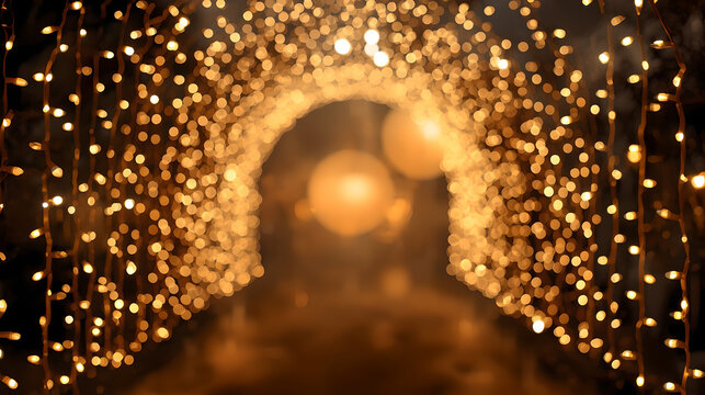 Festive Christmas Golden Bokeh String Lights Tunnel Background for Holiday