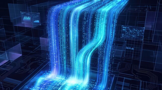 Holographic blue data streams flow through a futuristic circuit board with glowing gradients and binary code