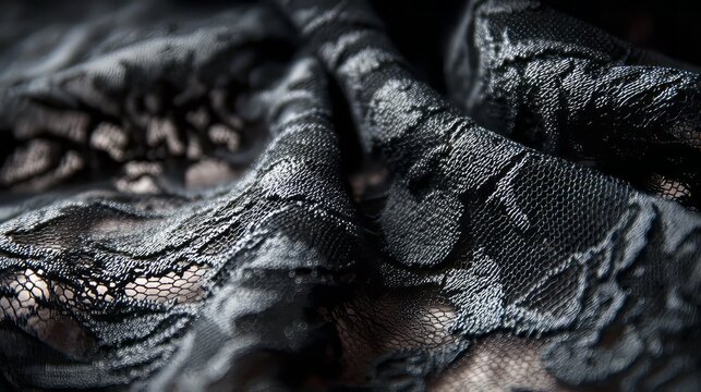 Close-up view of black lace fabric with intricate floral embroidery and delicate sheer texture, elegant textile surface background, romantic decorative pattern design with fine detailed craftsmanship 