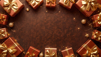 Christmas Gift Boxes and Ornaments Border Frame on Brown Textured Background Top View