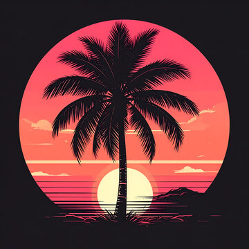 Retro palmtree and sunset design in square format with black background white silhouette coral pink tropical nostalgic illustration generative AI