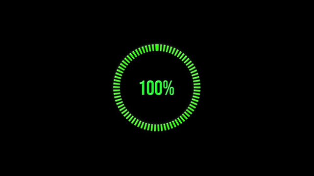 Digital loading progress bar circle animation in green neon color displaying percentage growth from three to one hundred percent on black background.