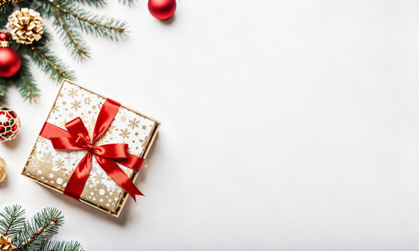directly above view white gift box decorated golden snowflakes red ribbon placed bright flat surface next green pine branches.