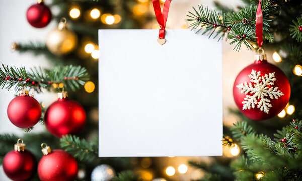 blank square white card hanging by red ribbon with small wooden heart on green fir tree branches near red ornaments white snowflake and warm bokeh lights