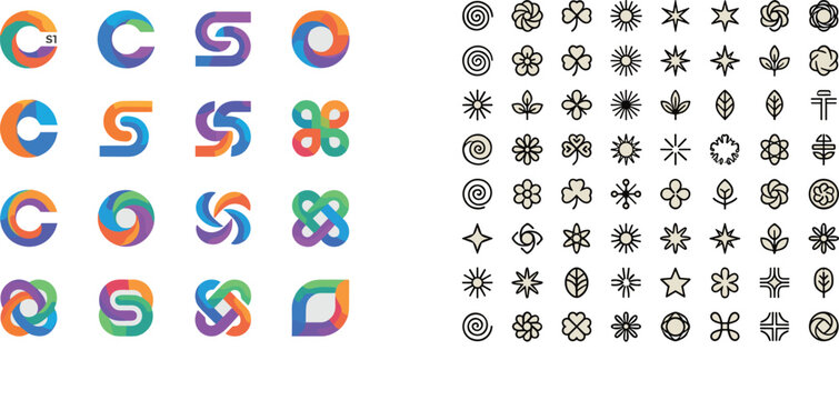 Modern Abstract Logo Set with Vibrant Gradient Monograms Letter C and S Signs and Minimalist Japanese Mon Nature Line Art Icons for Brand Identity Designs