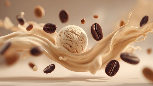  Dynamic 3D render illustration of a beige coffee ice cream scoop levitating with a realistic creamy milk wave splash and floating roasted coffee beans. Minimalist studio background with clean, profes