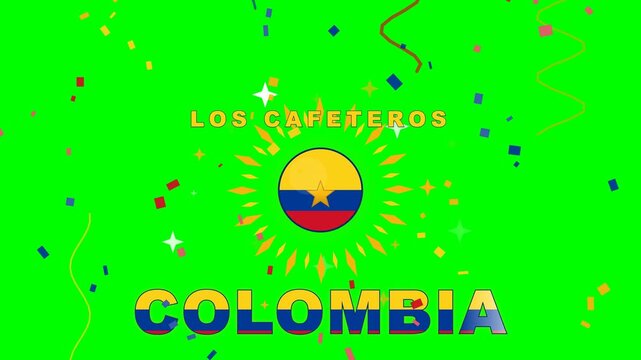 4K green screen Colombia football celebration with yellow blue red flag roundel and gold star, LOS CAFETEROS and COLOMBIA wordmarks, confetti, chroma key sports overlay loop
