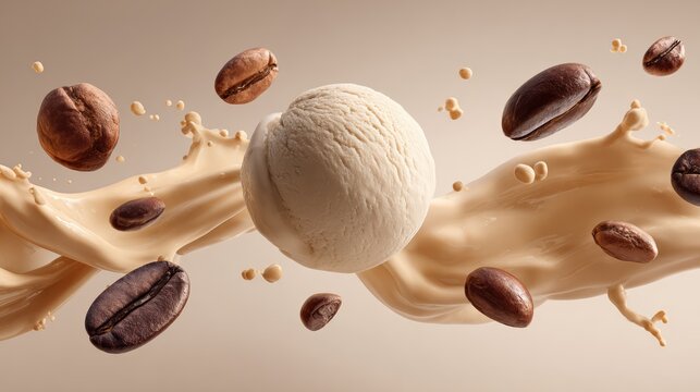  Dynamic 3D render illustration of a beige coffee ice cream scoop levitating with a realistic creamy milk wave splash and floating roasted coffee beans. Minimalist studio background with clean, profes