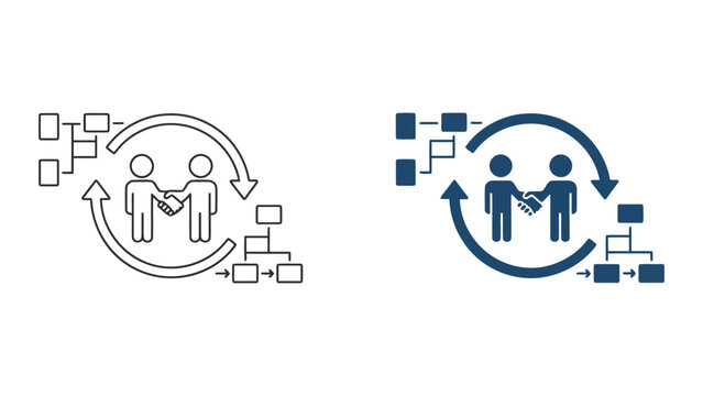 Business handshake partnership icon with organizational flow chart and circular cycle arrows vector illustration for corporate synergy and process management on white background