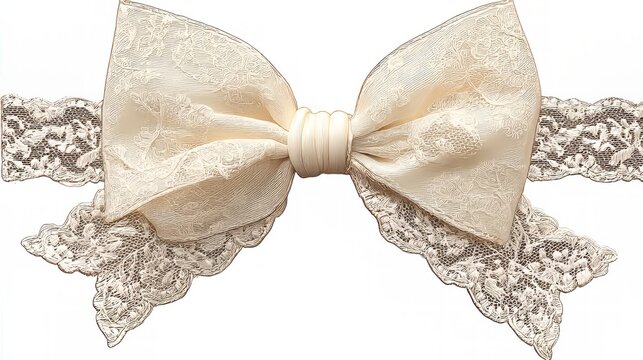 Elegant ivory lace bow tied on decorative ribbon isolated on transparent background, delicate vintage fabric gift decoration element with intricate floral lace details for wedding, craft, scrapbook an