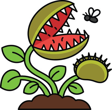 Cute venus flytrap cartoon sticker catching a fly