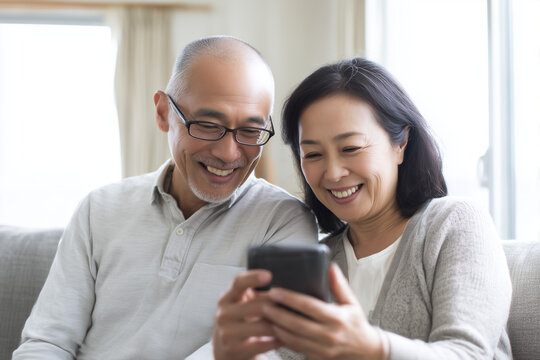 スマートフォンを一緒に見て微笑む熟年夫婦
