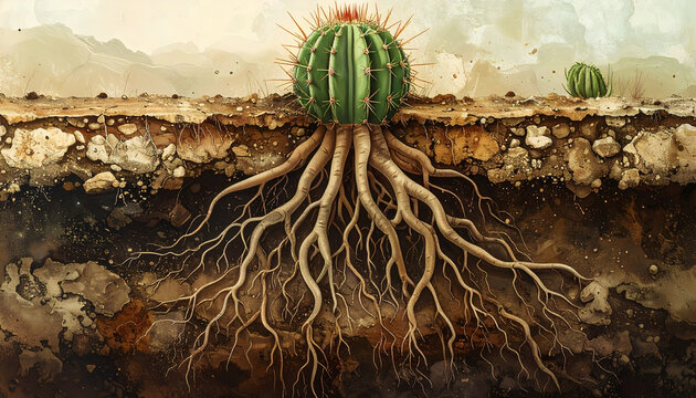 Fascinating cactus root system illustration showing underground structure nutrient absorption soil layers botanical science educational composition generative AI