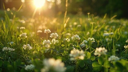 Obraz premium A beautiful scenic view of a wild flower meadow illuminated by the warm golden light of a summer sunset. Picturesque nature landscape background filled with blooming flora during evening dusk.