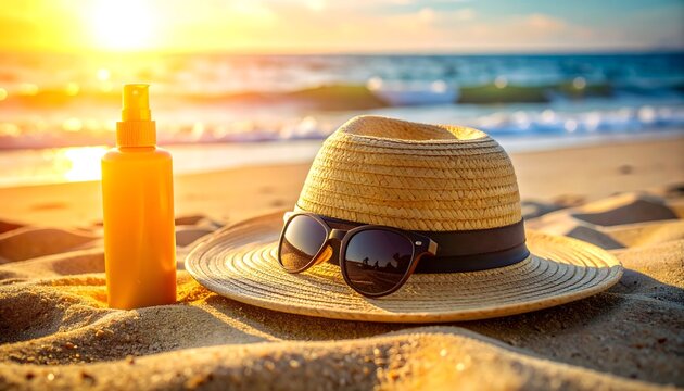 Sombrero de playa, gafas de sol y protector solar sobre arena junto al mar al atardecer en una escena veraniega