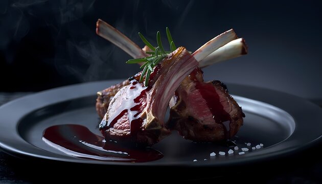 Gourmet roasted lamb chops with glossy red wine sauce on black background