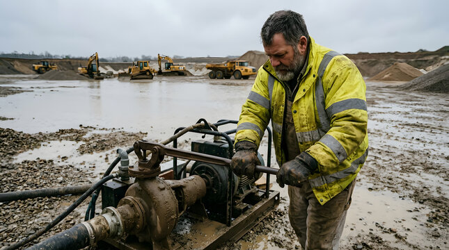 Mature male worker in dirty high-visibility safety jacket operating industrial pump machinery at a muddy construction or quarry site with heavy excavators and dump trucks under an overcast sky.