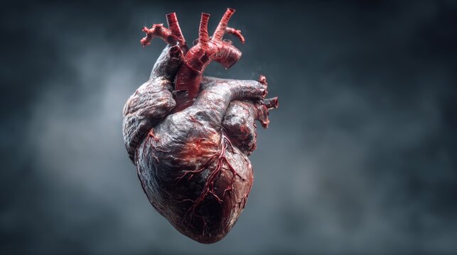 Artistic anatomical illustration of a human heart in red engraving or linocut style. Detailed medical graphic showing ventricles, atria, and major blood vessels isolated on a solid black background. P