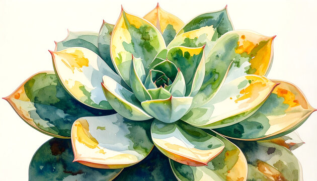 Variegated succulent plant with white and yellow leaf mutations shown in a detailed botanical watercolor illustration celebrating unique natural color patterns generative AI