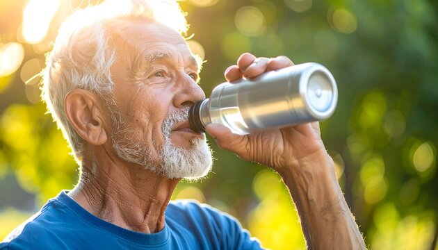 Hombre mayor bebiendo agua de una botella met&aacute;lica reutilizable al aire libre con fondo natural desenfocado