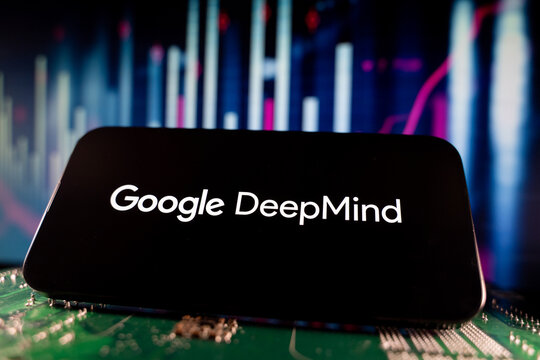 Close up of Google DeepMind logo on smartphone screen with technology and financial chart background. Toronto, Canada - June 11, 2026.