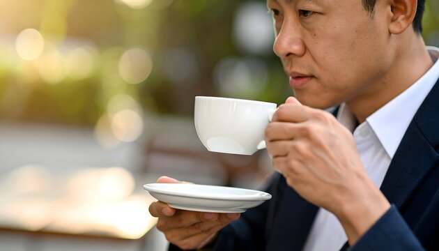 Hombre de negocios tomando caf&eacute; en una taza blanca durante una pausa al aire libre con fondo desenfocado