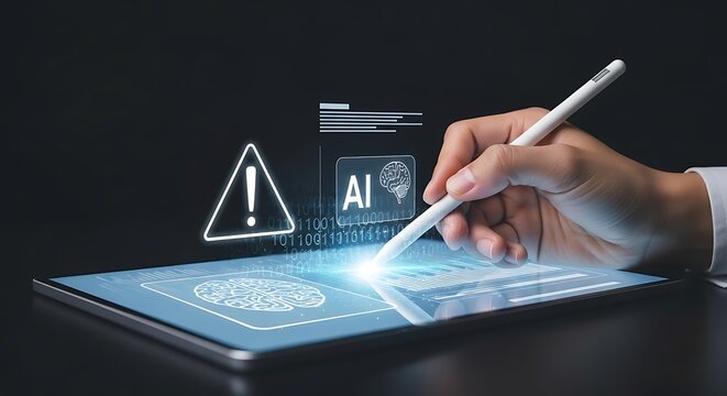 Hand using a stylus on a digital tablet displaying artificial intelligence brain and a warning triangle symbol with binary code data streams