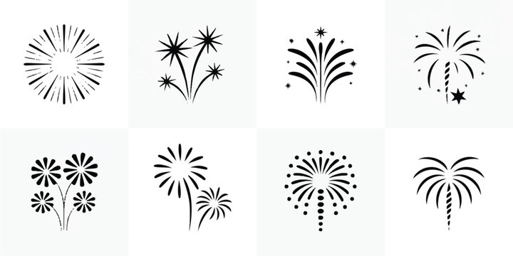 A set of five black and white line art fireworks exploding in the night sky with various patterns