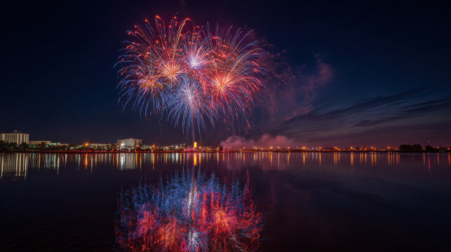 Vibrant fireworks display over a serene lake at nighttime with city lights