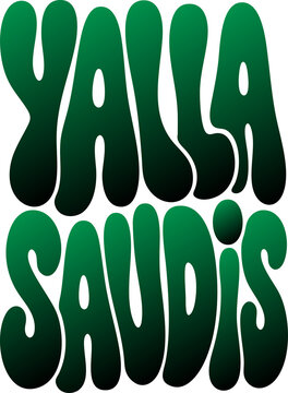 YALLA SAUDIS groovy green gradient text, a vibrant retro typography design, playful 70s-inspired lettering, bold graphic element for posters and digital media