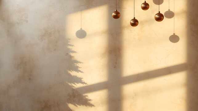 Minimalist Christmas background with window light shadow and golden hanging ornaments