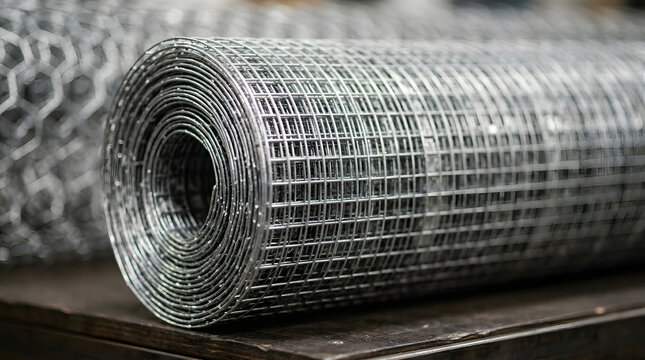 Close-up of a galvanized welded wire mesh roll with square grid pattern; durable hardware cloth metal screen for garden fencing, agricultural protection, and industrial construction projects.