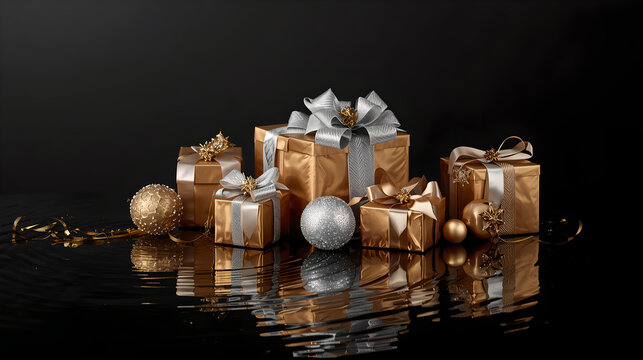 Luxury Christmas gift boxes and golden baubles reflecting on sleek black surface