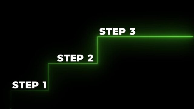 Step by step - Performance and Improvement Concept. Step 1, Step 2, Step Step 3 on dark Background.