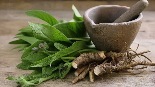 Fresh comfrey leaves and roots placed beside a rough clay mortar on wood.