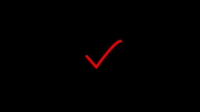 Red check mark symbol glowing on dark black background, for success and, approval tick mark animation.