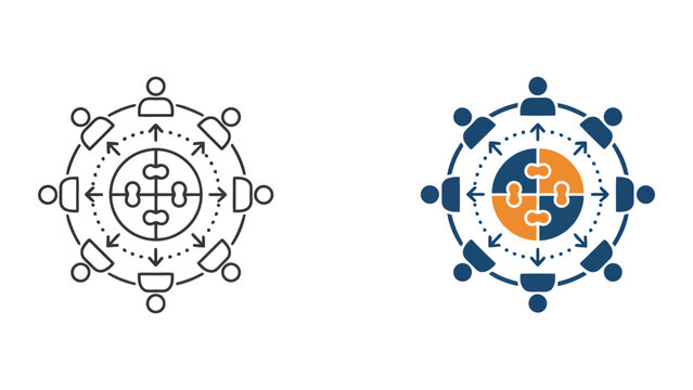 Diverse group of people in a circular network sharing data and puzzle pieces vector icon set
