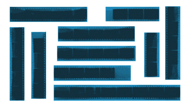 Abstract blue film strips with perforations retro movie film or cinema concept design element, isolated on white background