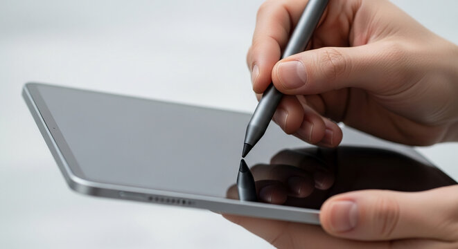 Person's hand using digital stylus on tablet device for work