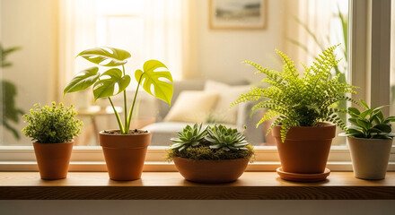 Fototapeta premium Houseplants decorating rustic wooden windowsill bathed in bright natural sunlight