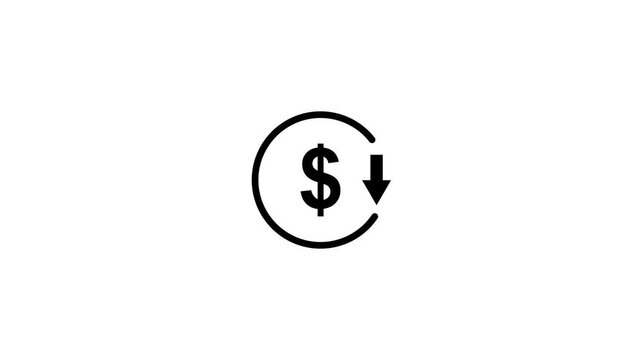 Abstract decrease icon on white background. Dollar rate down looped icon. Reduce costs sign and symbol. Motion graphics of concept. animation