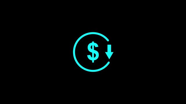 Abstract decrease icon on black background. Dollar rate down looped icon. Reduce costs sign and symbol. Motion graphics of concept. animation