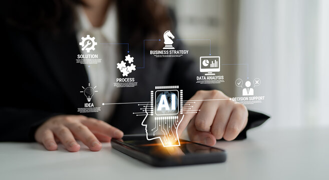 Business professional using smartphone with AI technology visuals for data analysis, strategy development, and decision-making support in modern office environment Quark.