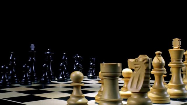 A cinematic macro shot offers a dynamic rotation around a chess board, highlighting the black and white pieces arranged for an impending game, close-up perspective.