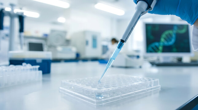 Laboratory pipette releasing liquid into a microplate well