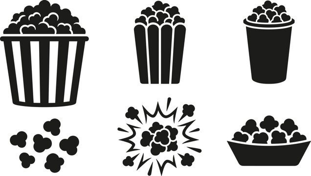 Popcorn Solid Glyph Icon Set with Movie Theater Buckets, Explosion, Bowls, and Kernels for Cinema Branding, Menu Layouts, and Snack Graphic Designs