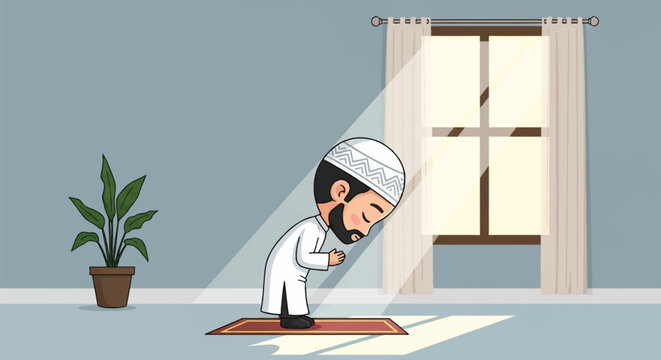 Cartoon illustration of a chibi Muslim man with a beard and white kufi performing prayer, bowing in Ruku position on a prayer mat inside a room with sunlight streaming through a window.