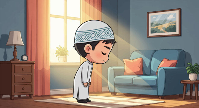Chibi illustration of a young Muslim man in a white thobe and kufi cap performing Ruku Islamic prayer bowing on a rug in a bright living room with sunlight through the window.
