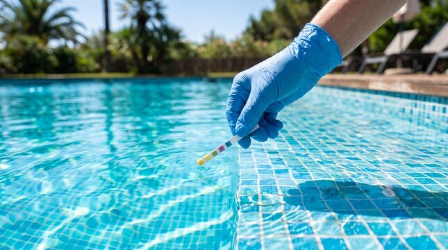 Hand in blue glove testing swimming pool water quality with chemical test strip, checking chlorine and pH level for safety, hygiene and maintenance.