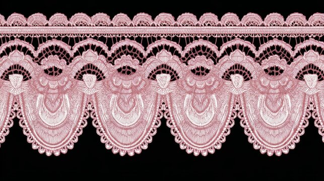 Elegant scalloped edge pink lace border design with delicate textile frill stripe, decorative zigzag cutout frame element isolated on white background for wedding invitations, greeting cards, luxury s